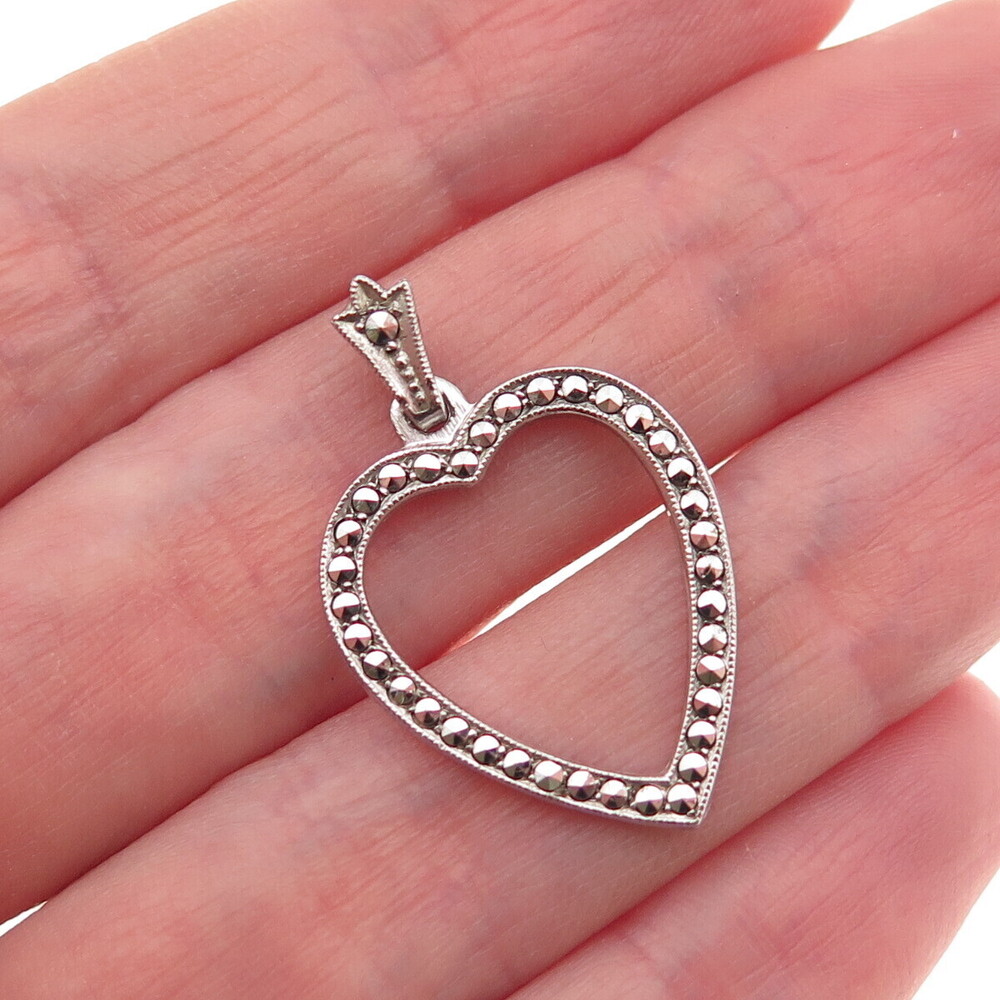 Masha 925 Sterling Silver Antique Art Deco Real Marcasite Heart Charm Pendant